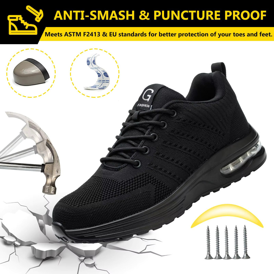 Quanzixuan Sicherheitsschuhe mit Stahlkappe und Air-Kissen in Schwarz, atmungsaktive Arbeitssneaker für Männer und Frauen mit Anti-Smash und Anti-Punktion Schutz - Bild 2