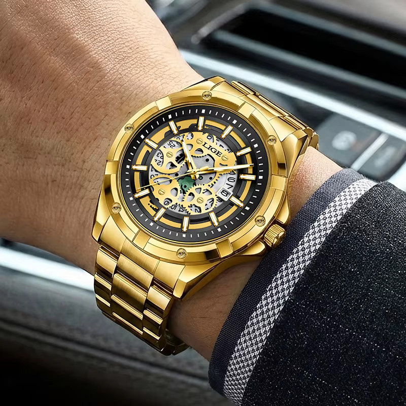LIGE Armbanduhr, Chronograph, Quarz, Gold, Edelstahl, Herren - Bild 5