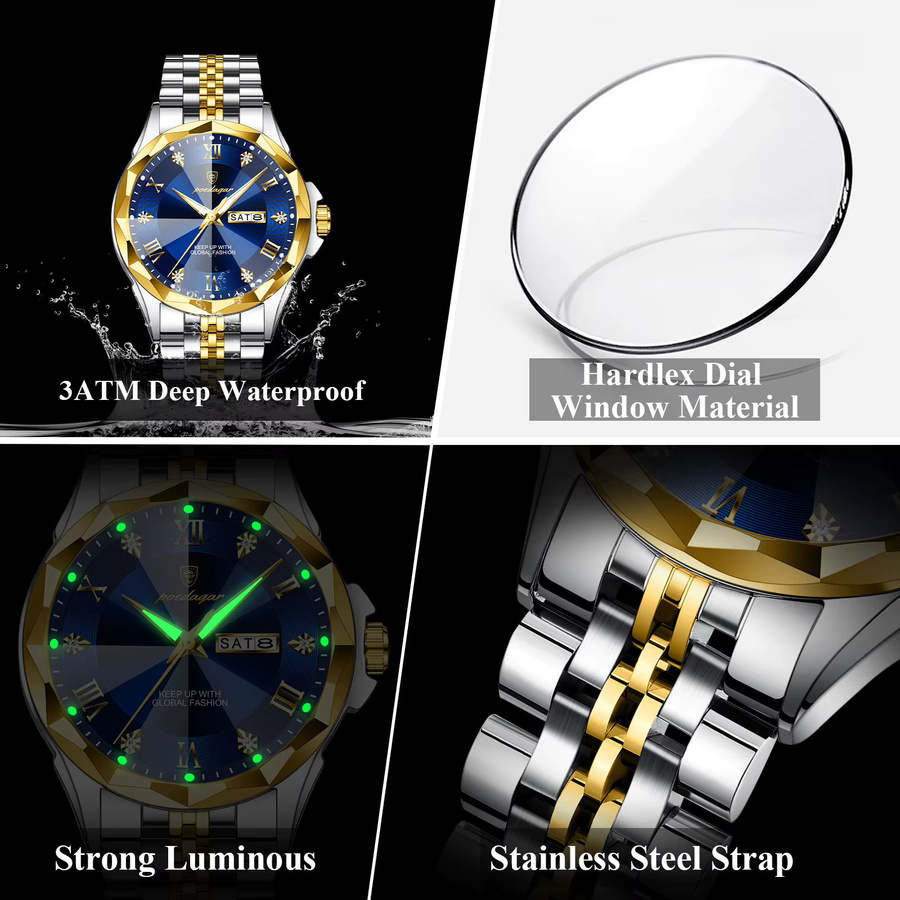 POEDAGAR Armbanduhr Edelstahl, Quarz, Blau, Herren - Bild 4