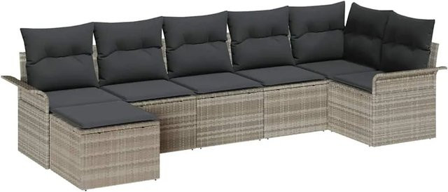 vidaXL Garten-Sofa-Set aus Polyrattan in Hellgrau, 7-teiliges L-Shape Lounge-Set mit Kissen, Ottomane und Couchtisch für Garten, Balkon und Terrasse - Bild 1