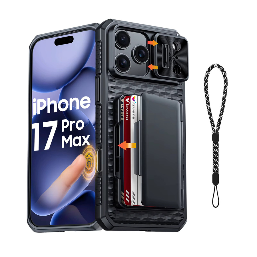 BANGZAO Handyhülle für iPhone 17 Pro und iPhone 17 Pro Max mit Kartenhalter, verschiebbarer Kameraabdeckung und Ständer, Schwarz - Bild 6