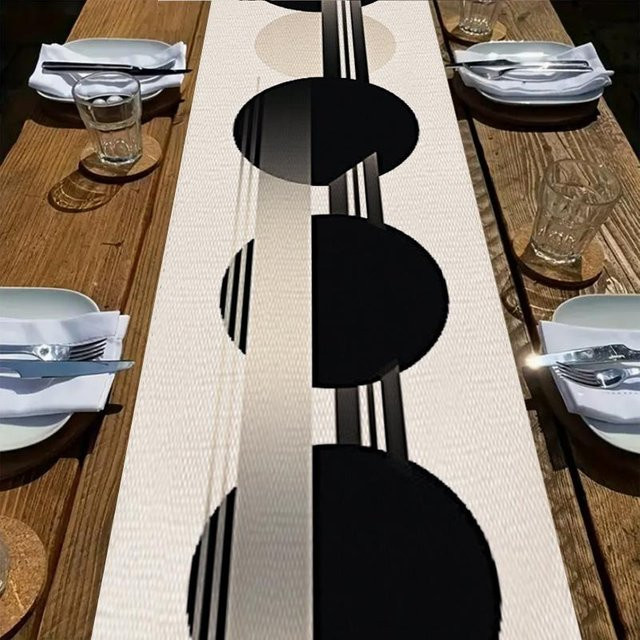 Moderner Tischläufer JMG Household Supplies mit geometrischem Streifen- und Kreisdesign in Schwarz-Weiß, B/H: 40 x 140 cm - Bild 1
