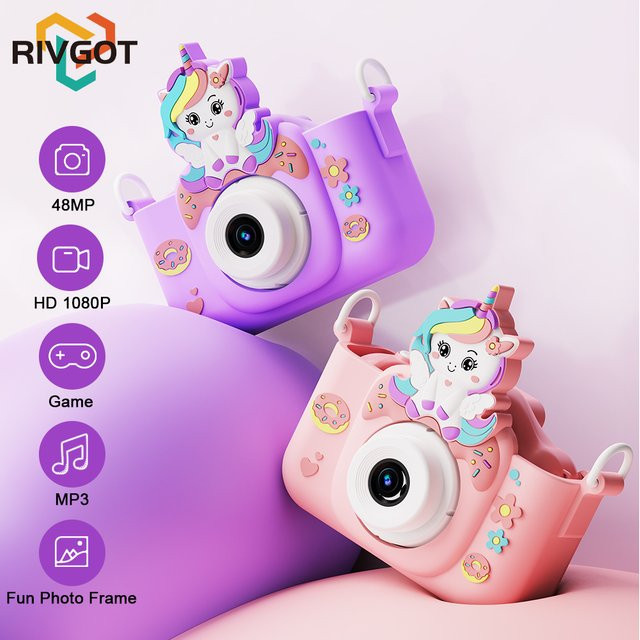 RIVGOT Kinderkamera mit 48MP und 32GB SD-Karte in Pink mit Einhorn-Design für Mädchen ab 3 Jahren - Bild 1