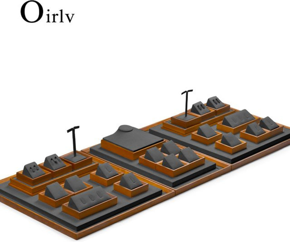 Oirlv Schmuckdisplay aus Massivholz und grauem Samt für Ringe, Ohrringe und Halsketten - Bild 1