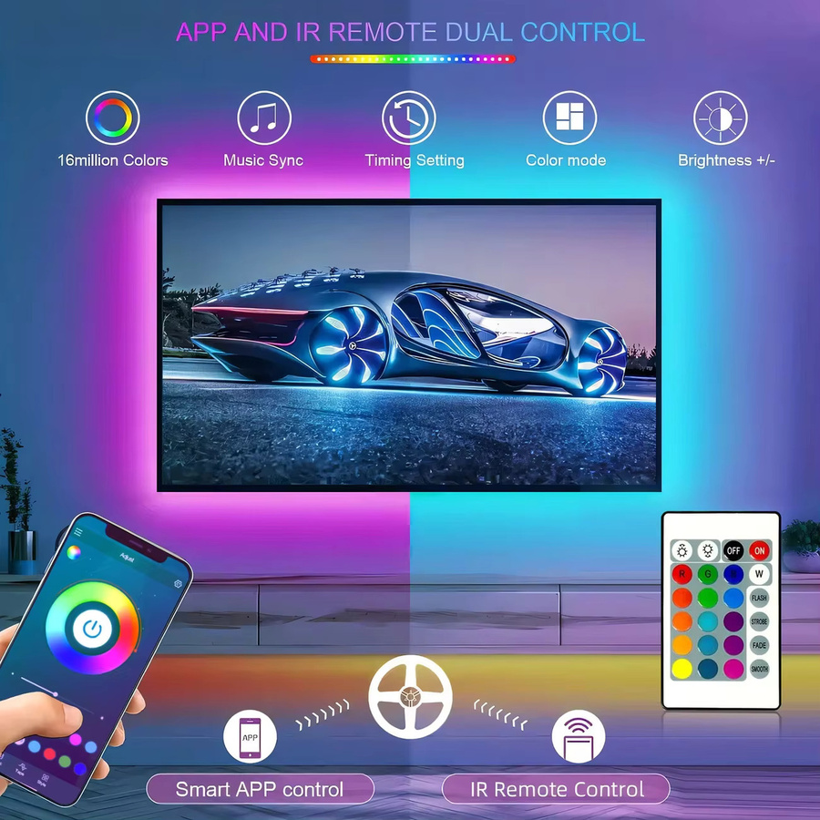 GHUSTAR RGB LED-Streifen mit Musik-Synchronisation, Smart App-Steuerung und Fernbedienung für TV-Hintergrundbeleuchtung und Raumbeleuchtung, Multicolour - Bild 1