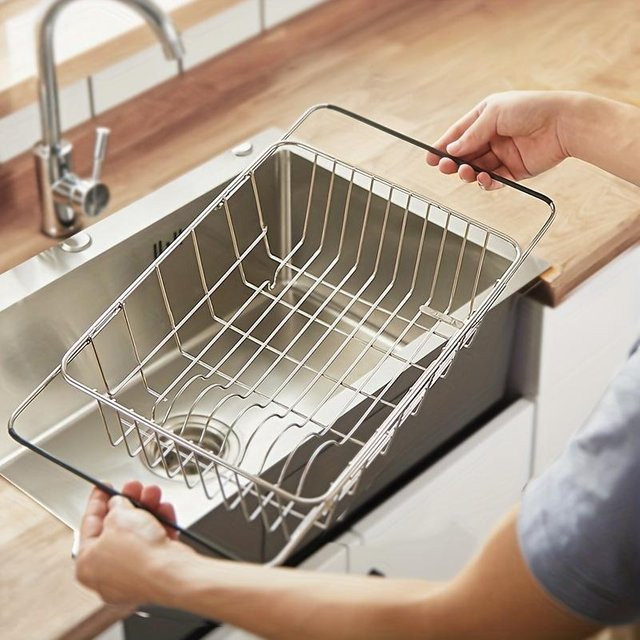 ZEKS Verstellbarer Geschirrtrockner aus Edelstahl und Silikon in Silber, Teleskopischer Abtropfkorb zum Aufhängen über der Spüle als Küchenutensilien-Organizer - Bild 1