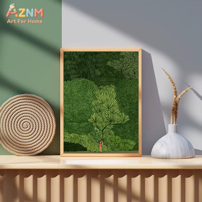 AZNM Abstrakte Leinwand-Wandkunst Waldwanderer in Grün, minimalistischer botanischer Naturdruck als moderne Landschaftsdarstellung - Bild 3