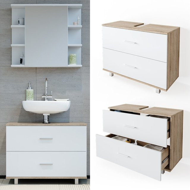 Vicco Waschbeckenunterschrank Ilias in Weiß und Eiche mit Schublade, Breite: 80 cm - Bild 1