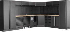 Kraftwerk 8-Element-Schrankwand mit Vierkantlochwand und Multiplex-Arbeitsplatten - Bild 1