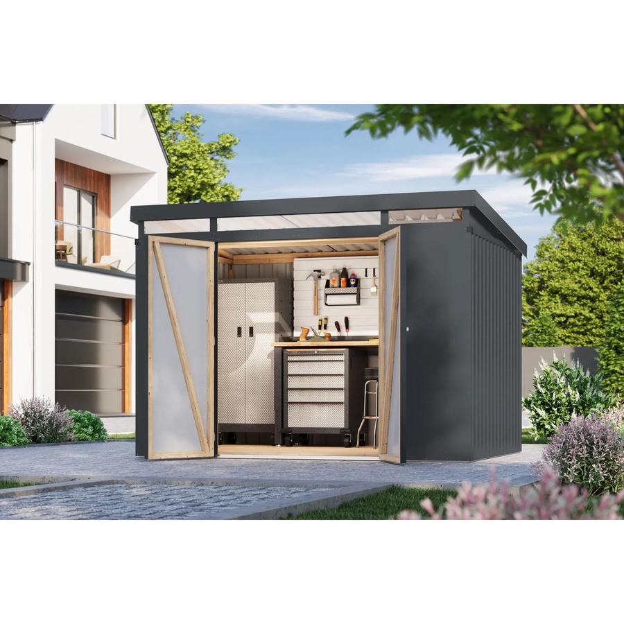 Karibu Metallgerätehaus Neos 3 in Anthrazit aus Trapezblech und Leimholz - Bild 2