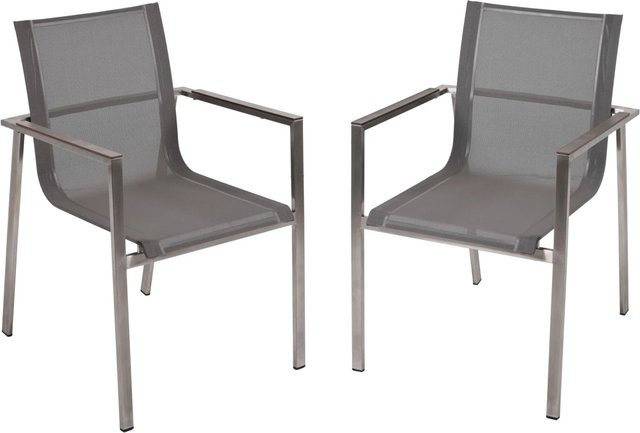 DELUKE Gartenstuhl GUSTAV 2er Set, Stapelbare Essstühle aus Edelstahl und Textilene in Taupe, Wetterfeste Outdoor-Gartenstühle mit Armlehnen - Bild 1