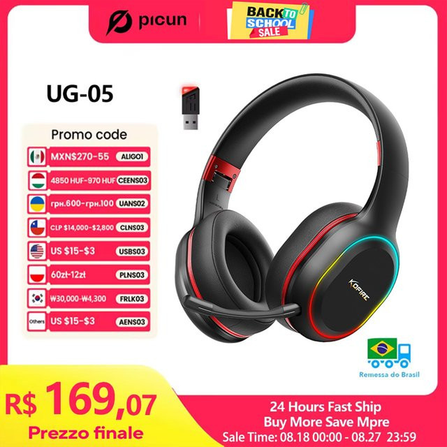 Kofire UG-05 Gaming Kopfhörer mit 2,4G Wireless, Bluetooth 5.0, Mikrofon, RGB-Licht und Vibration in Schwarz-Rot für PS4, PS5, PC und Switch - Bild 1
