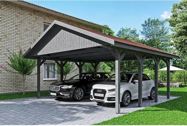 Skan Holz Carport Wallgau Satteldach aus Nadelholz in Grau mit Dachschindeln B/T: 620 x 600 cm, Höhe: 354 cm - Bild 1