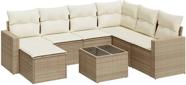 vidaXL 8-teilige Garten-Sofagarnitur in L-Form aus beige farbenem PE-Rattan mit Kissen und pulverbeschichtetem Stahlgestell - Bild 1