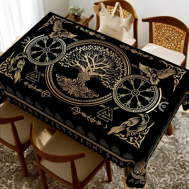 Rechteckige Tischdecke JMG Household Supplies mit Goldener Wikinger Krähe und Nordischen Runen, Farbe: Schwarz/Gold, B/T: 145 x 145 cm - Bild 1