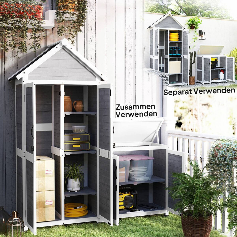 Outsunny 2 in 1 Gartenschrank aus Holz mit Satteldach und Ablage, wetterfester Geräteschuppen in Hellgrau, B/T/H: 89 x 51 x 182 cm - Bild 5
