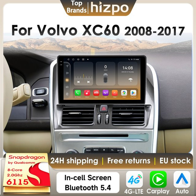 Hizpo Android 14 Autoradio für Volvo XC60 2008–2017 mit 360 Kamera, Qualcomm Snapdragon 6115 8Core Prozessor, CarPlay, 2Din, 4G, Bluetooth 5.4, DSP und GPS in Schwarz - Bild 1