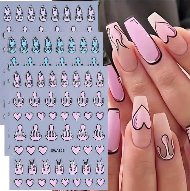 SWEET TREND Nagelaufkleber, Comic Herz und Flamme, Rosa Blau, 3 Stück - Bild 1