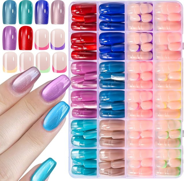 MingLee Press On Nails, 288 Stück, rot blau, Cat Eye, Glitzer, bunt - Bild 1