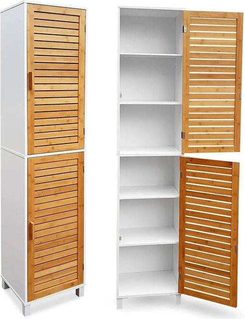 Osoltus Badregal Hochschrank Aarhus aus Bambus, Wandschrank in Weiß, Höhe: 190 cm, Breite: 30 cm, Tiefe: 40 cm - Bild 1