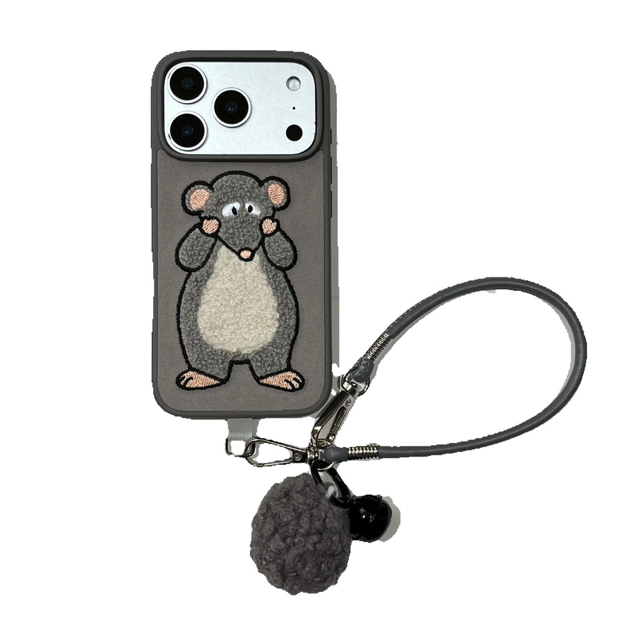 JINHR Cartoon Plüsch Handyhülle mit Wise-Maus Stickerei, Handschlaufe, Glocke und Trageband für iPhone 17 16 15 14 13 Pro Max, Grau/Silber - Bild 6
