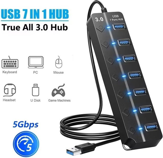 Mrgabwte 7 in 1 USB Hub mit USB 3.0 und USB 2.0 Anschlüssen, Tragbarer USB Splitter mit Ein/Aus Schalter, Schwarz - Bild 1