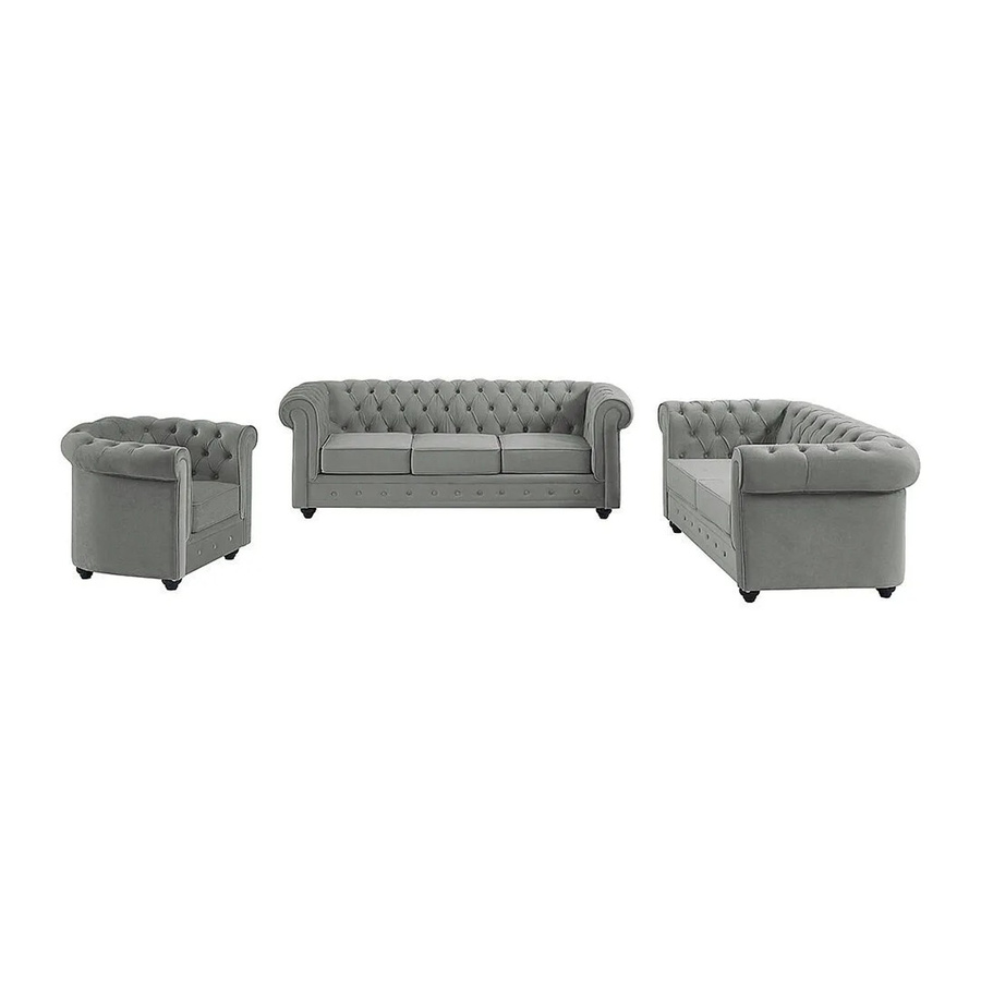 Vente-unique Chesterfield Couchgarnitur aus Samt in Hellgrau bestehend aus 3-Sitzer-Sofa, 2-Sitzer-Sofa und Sessel B/T/H: 205 x 82 x 165 cm - Bild 2