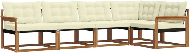 vidaXL Outdoor-Sofagarnitur 5-teilig L-Form aus Akazienholz in Natur mit Kissen in Beige und Weiß - Bild 1