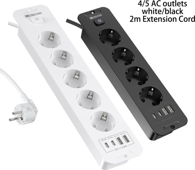 HITRENDS Desktop-Einbausteckdose mit 4 EU-Steckdosen, 2 USB-A und 2 USB-C Anschlüssen sowie 2 m Verlängerungskabel - Bild 1