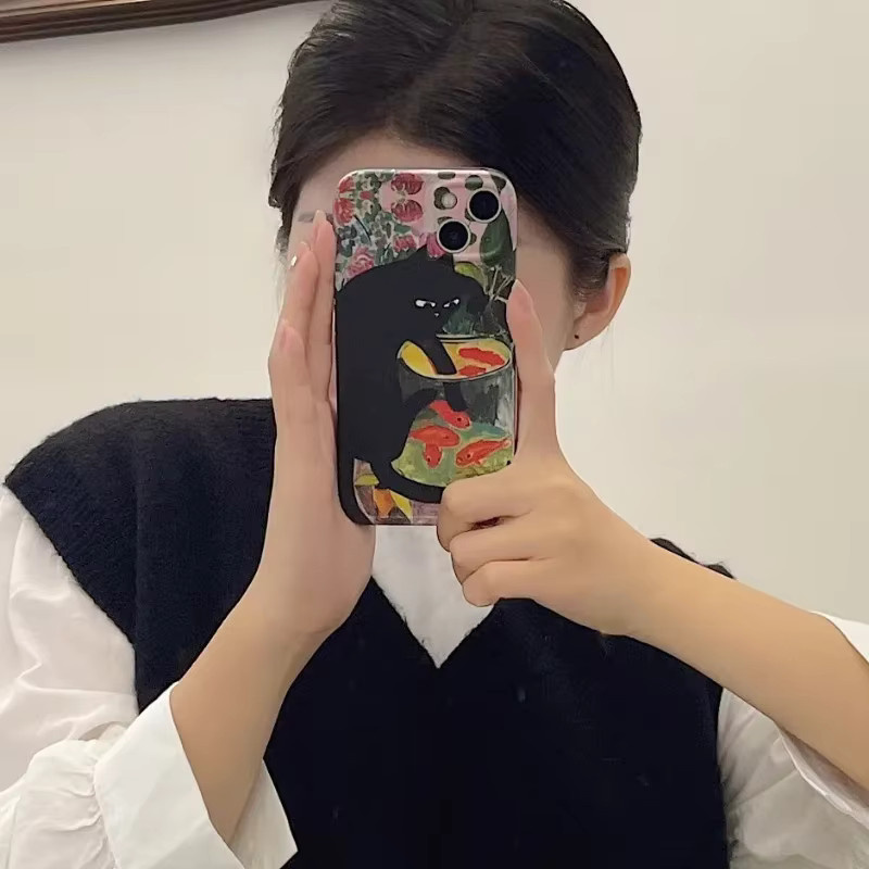 Retro Ölgemälde Schwarze Katze Silikon Handyhülle für iPhone 11 bis 17 Pro Max mini SE, Schwarz/Mehrfarbig - Bild 3