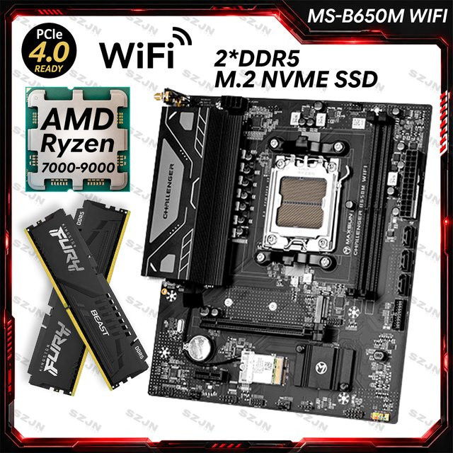 Maxsun B650M Motherboard mit AM5-Sockel für Ryzen 7000–9000, DDR5 Dual Channel und Onboard WIFI in Schwarz - Bild 1