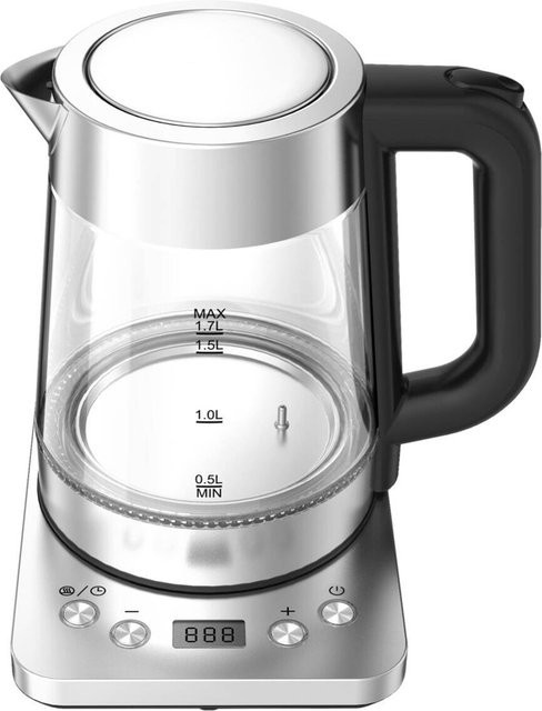 Pocoline Wasserkocher aus Edelstahl und Glas in Silber und Schwarz mit 1,7 l Volumen, B/H/T: 22,1 x 24,2 x 23,1 cm - Bild 1