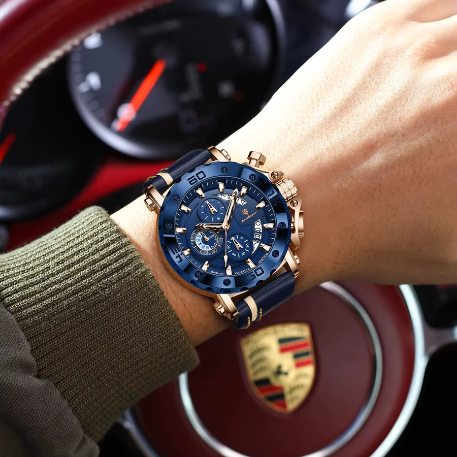 POEDAGAR Armbanduhr Chronograph, Quarz, Leder, Blau, Herren - Bild 5