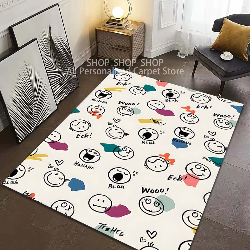UQIDEHOME Kreativer Teppich mit Smiley-Gesichtsmuster in Multicolour, rutschfeste und waschbare Bodenmatte aus Polyester für Wohnzimmer, Schlafzimmer oder Badezimmer, B/T: 120 x 80 cm - Bild 2