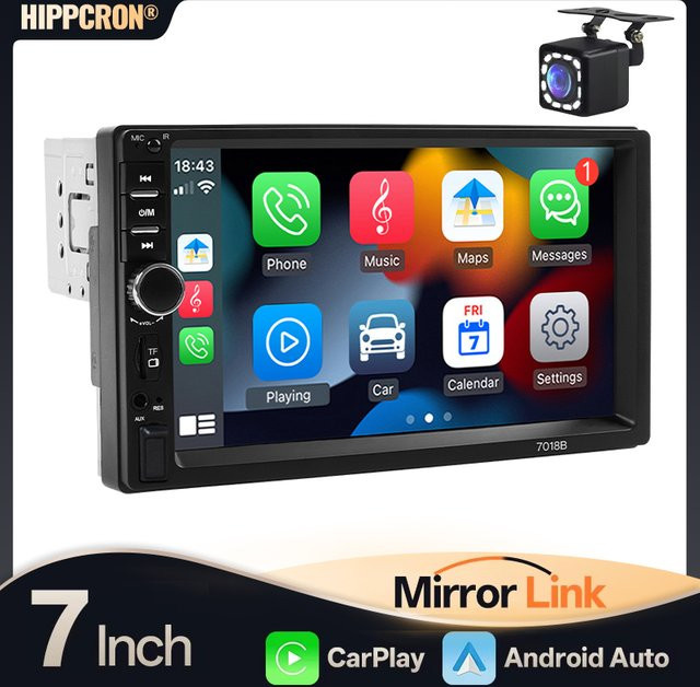 Hippcron 1DIN Autoradio Multimedia-MP5-Player mit 7 Zoll Touchscreen, Carplay, Android Auto, Mirror Link, FM, USB-A und Aux-Eingang in Schwarz - Bild 1