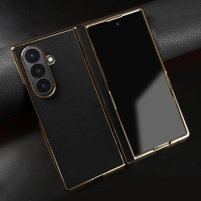 Lychee Echte Lederhülle für Samsung Galaxy Z Fold 7, Z Fold 6, Z Fold 4 und Z Fold 3 in Schwarz - Bild 1