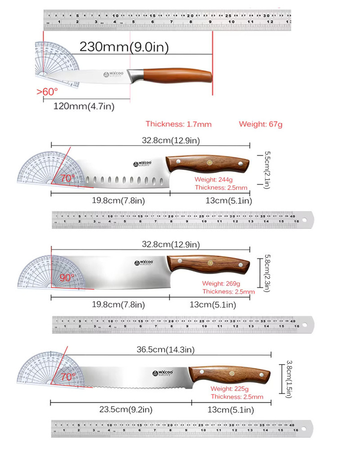 WXCOO 4-teiliges Edelstahl-Küchenmesser-Set in Silber mit Brotmesser, Santoku-Schneidemesser und Fleischbeil - Bild 4