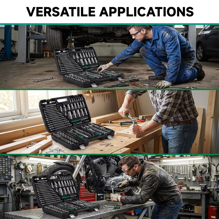 Podofo 216-teiliges Profi-Werkzeugset für Autoreparaturen mit Steckschlüsselsatz 1/4 Zoll, 3/8 Zoll und 1/2 Zoll sowie ergonomischen 24-Zahn-Ratschenschlüsseln - Bild 2