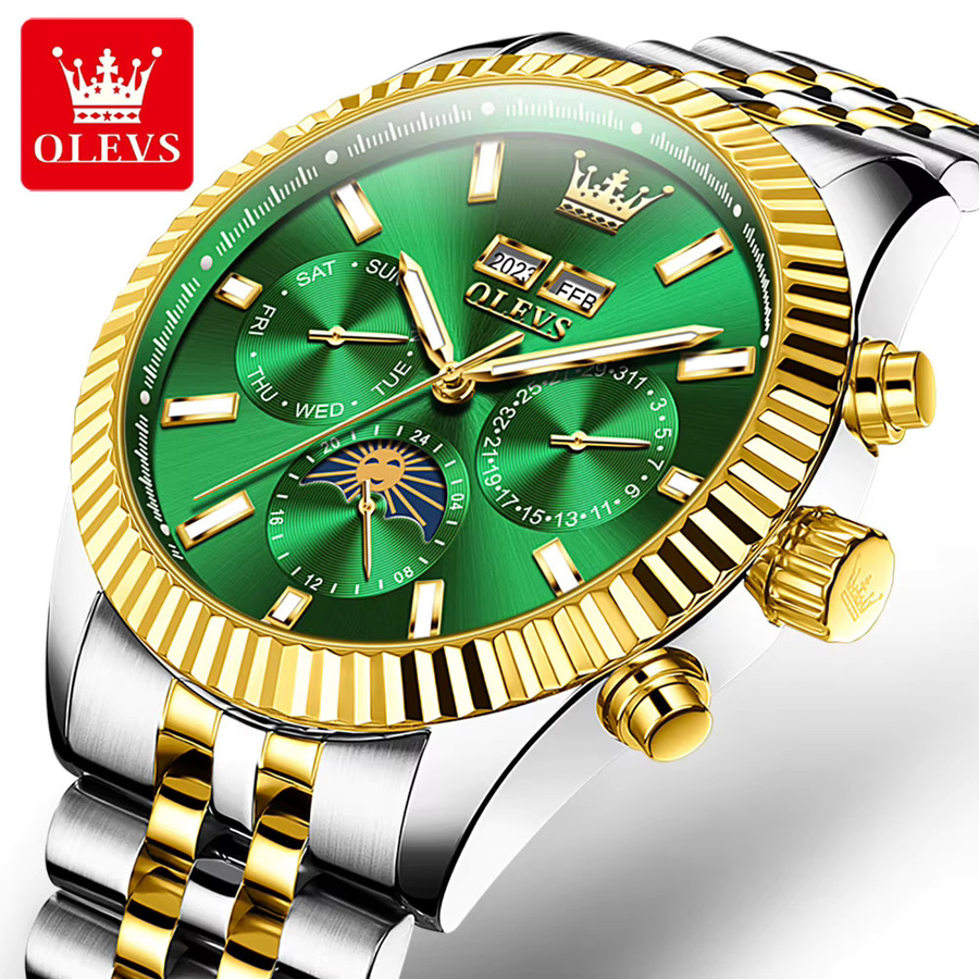 OLEVS Herrenuhr, Automatik, Edelstahl, Gold, Mondphasenkalender - Bild 3