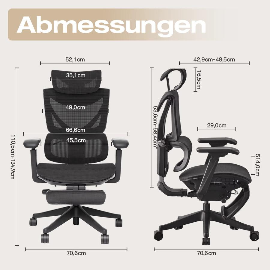 WELAX S7 Ergonomischer Bürostuhl mit Netzrücken, hoher Rückenlehne, Lendenstütze, Fußstütze und 4-fach verstellbaren Armlehnen in Schwarz oder Weiß - Bild 3