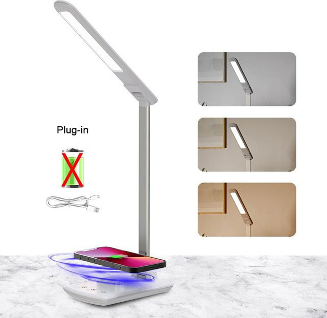 Lyfs LED-Schreibtischlampe in Weiß mit kabellosem Ladegerät, USB-Anschluss und Touch-Dimmer für Lesen und Nachttisch - Bild 1
