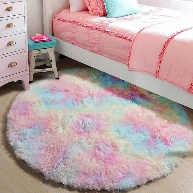 Runder Plüsch-Shag-Teppich von FORSWAN in Regenbogenfarben, flauschiger Kinderteppich für Schlafzimmer und Kinderzimmer, Durchmesser: 100 cm - Bild 1
