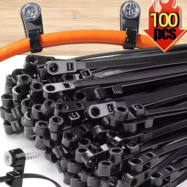 100 Stück wiederverwendbare Nylon Kabelbinder mit Schraubloch in Weiß zur Kabelorganisation - Bild 1