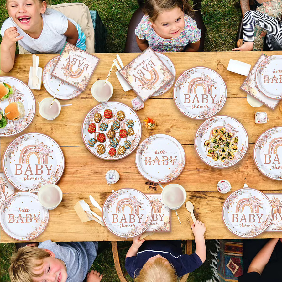 PATIMATE Babyparty Partygeschirr Set mit Tellern und Servietten in Boho Pampasgras und Blumenmuster, Mehrfarbig - Bild 2