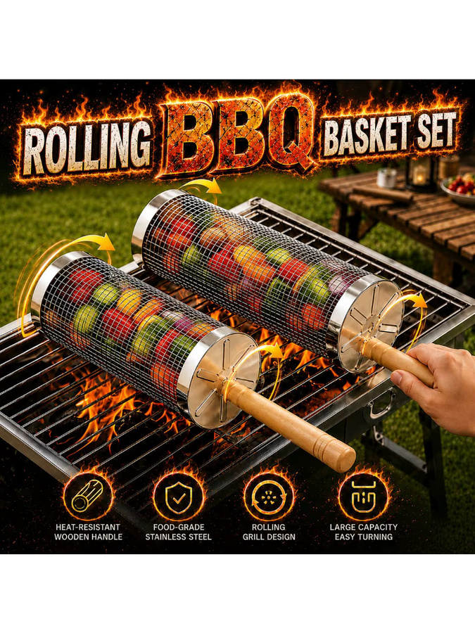 PGY Edelstahl-Grillkorb-Set mit Holzgriff in Silber für BBQ und Camping - Bild 6