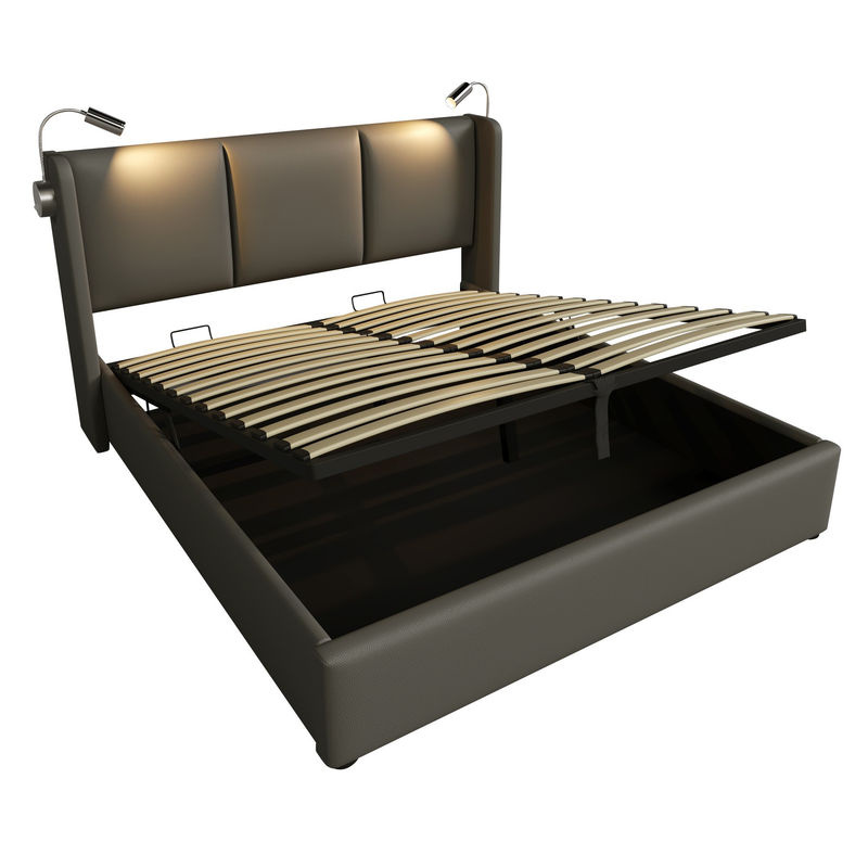 Aosom Doppelbett mit Stauraum, gepolstertes Kopfteil, LED-Lampe und USB-Anschluss, Grau, B/T: 140 x 200 cm - Bild 2