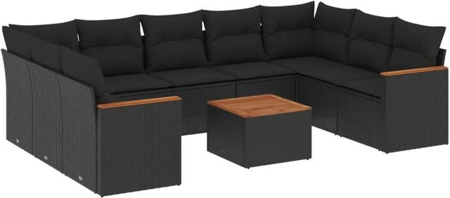 vidaXL 10-tlg. Garten-Sofagarnitur in L-Form aus Poly-Rattan und Akazienholz mit Kissen, Schwarz - Bild 1