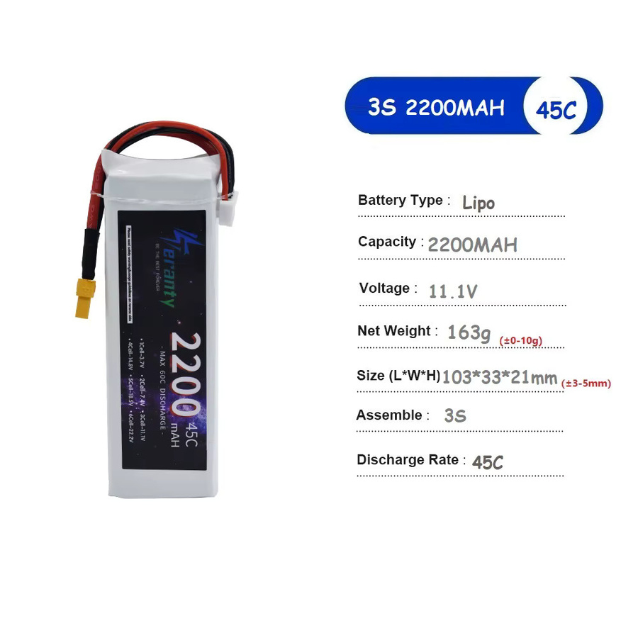 2 Stück TERFPV Li-Ion Akku Pack mit XT60 Stecker für RC Auto und FPV Drohne, 11,1V, 2200mAh, Farbe: Weiß - Bild 2