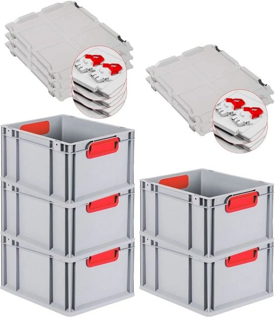 PROREGAL Spar Set 5x Eurobox Nextgen Color mit Scharnierdeckel und Schiebeschnappverschlüssen, Farbe Rot, H x B x T: 22 x 30 x 40 cm - Bild 1