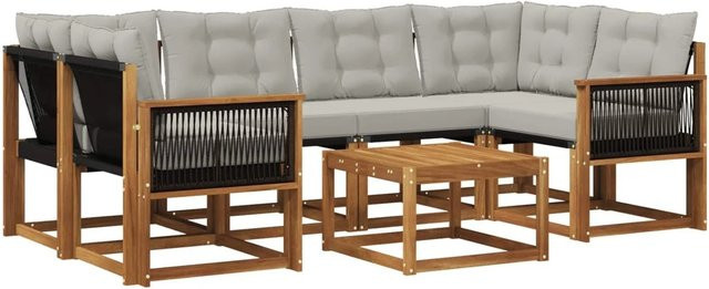 vidaXL Outdoor-Sofagarnitur L-Form aus Akazienholz mit Textilene und Kissen, Hellgrau - Bild 1